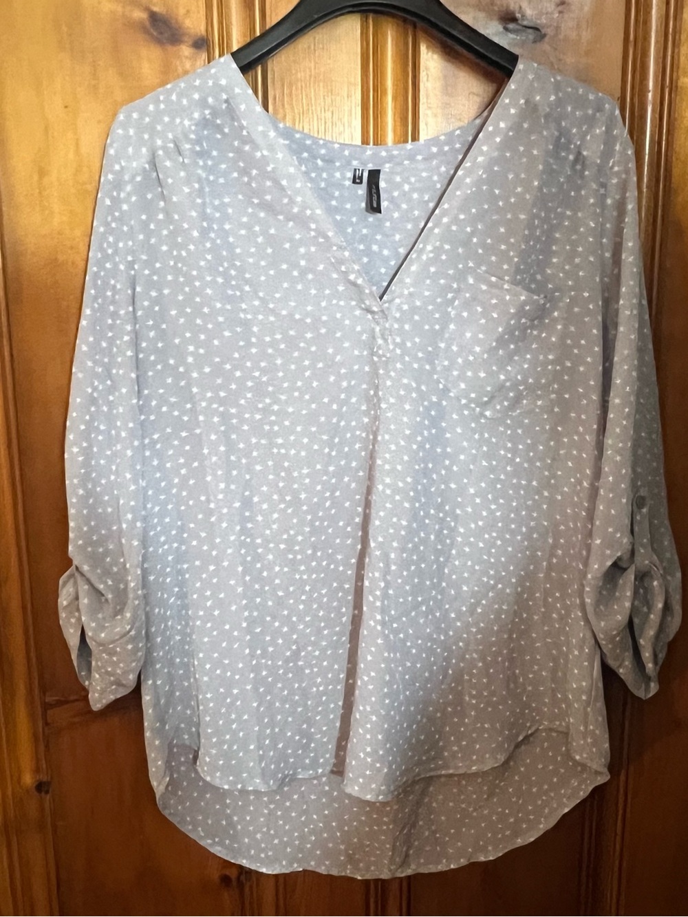 XL Light Gray Dot-Print V-Neck Women's Blouse